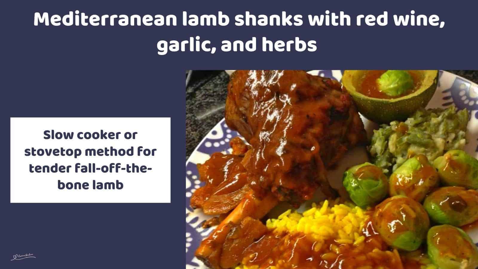 an image of Mediterranean Lamb Shanks with yellow rice, squash and broccoli