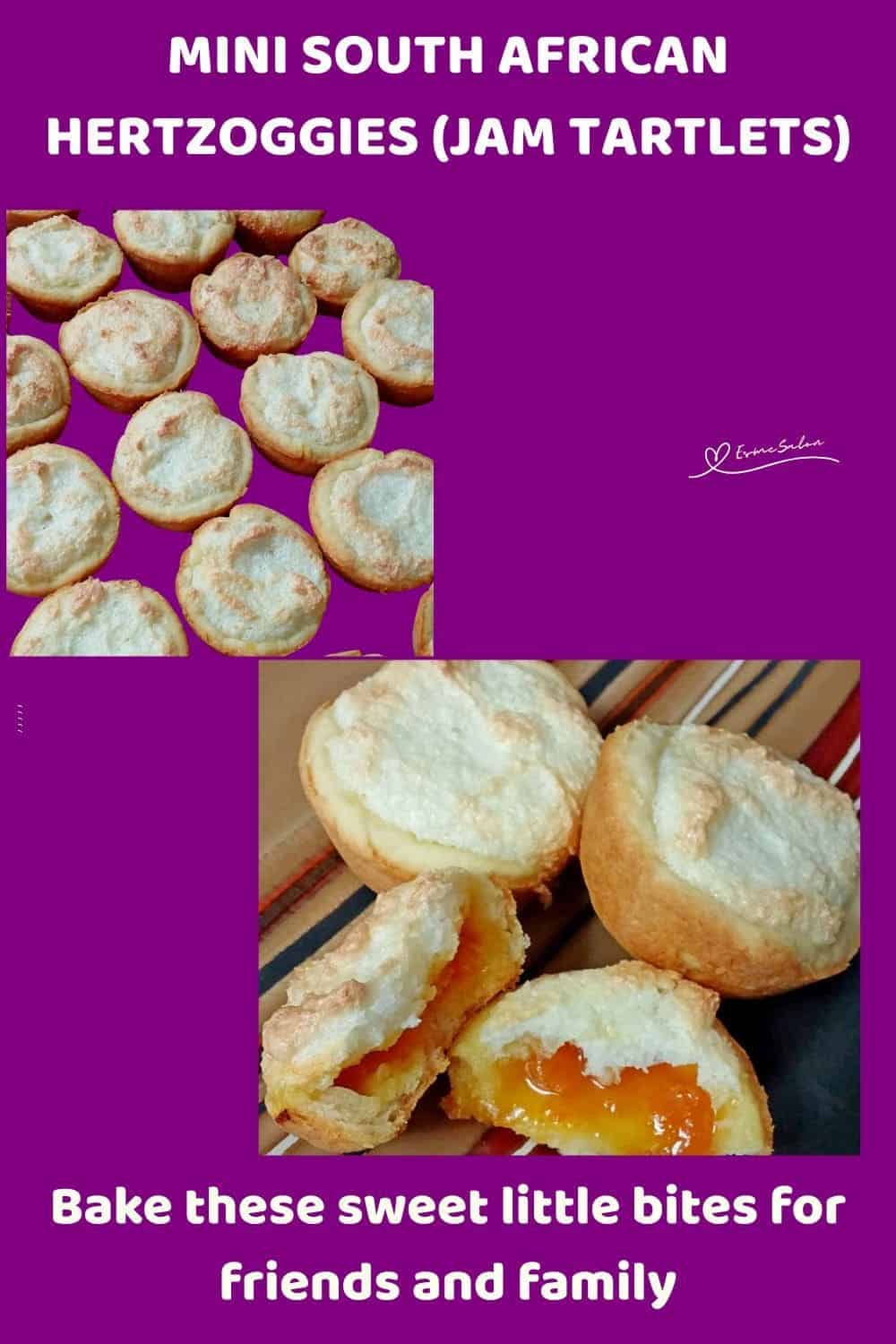 an image of Hertzoggies (Jam tartlets); jam filled and topped with a coconut fluffy mixture