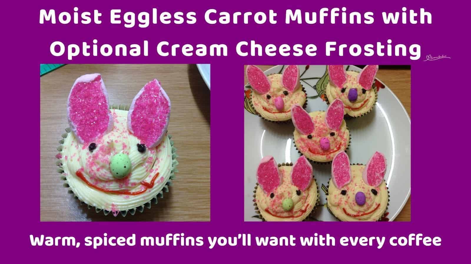 an image of Cozy Eggless Carrot Muffins decorated with bunny ears