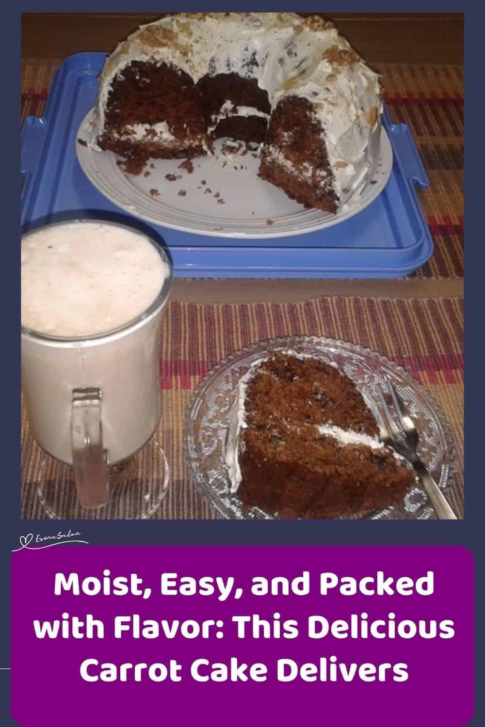 an image of a Delicious Carrot Cake on a white serving plate with a sliced on the side