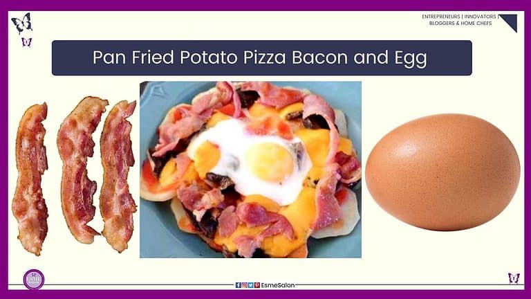 an image of a blue plate with a layer of potato as a base, and topped with bacon and egg
