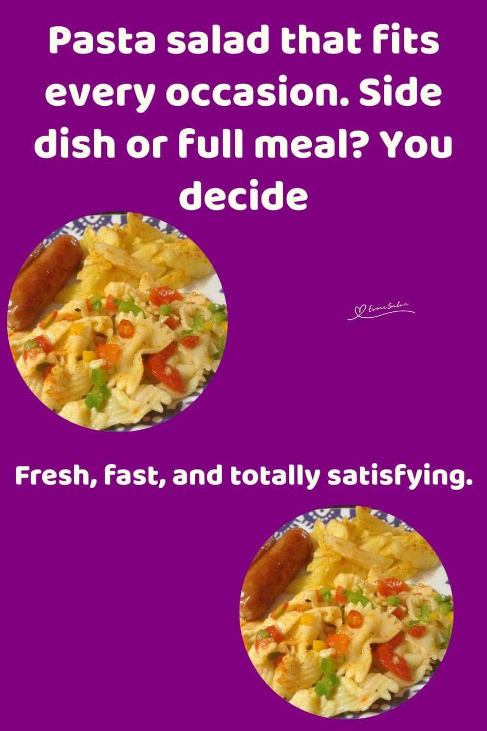 an image of a plate with Pasta Salad, grillers on the side