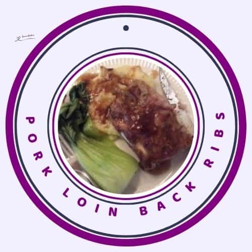 an image of Pork Loin Back Ribs with onion, garlic and gravy served with mashed potatoes and Bok Choy