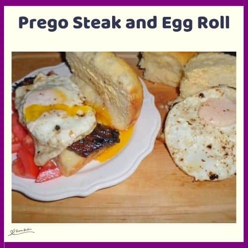 an image of Prego Steak and Egg Roll displayed on a wooden board