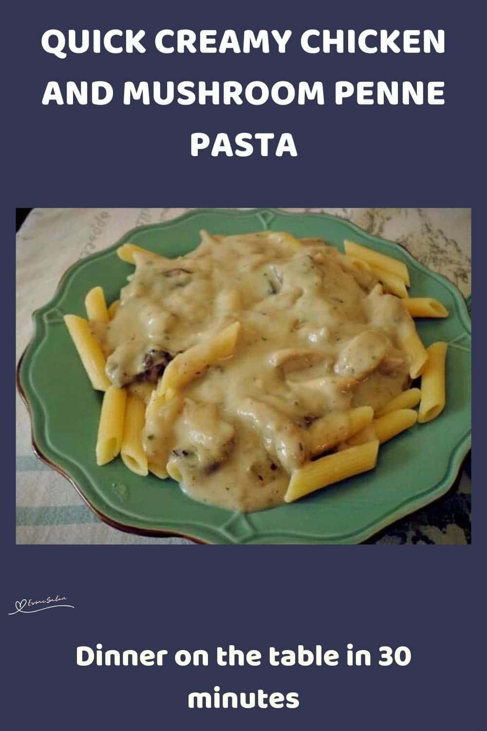an image of Creamy Chicken and Mushroom Penne Pasta on a green plate