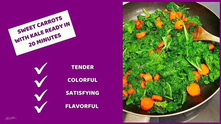 an image of Sweet Carrots with Kale in a pan with a wooden spoon on the side