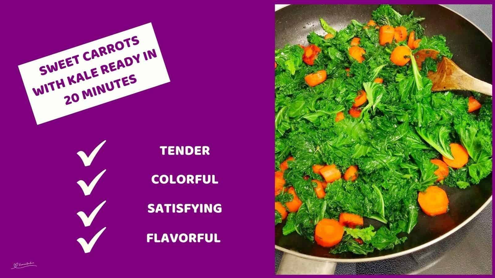 an image of Sweet Carrots with Kale in a pan with a wooden spoon on the side