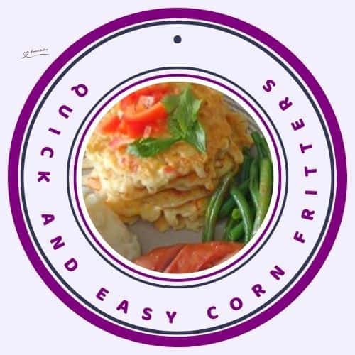 an image of Corn Fritters served with fried Russian sausages, green beans on the side, and creamy mashed potatoes.