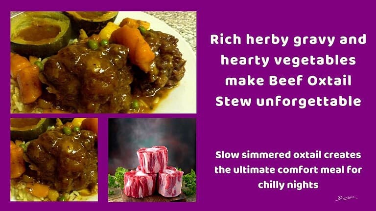 an image of a plate with Beef Oxtail Stew served on rice with veggies