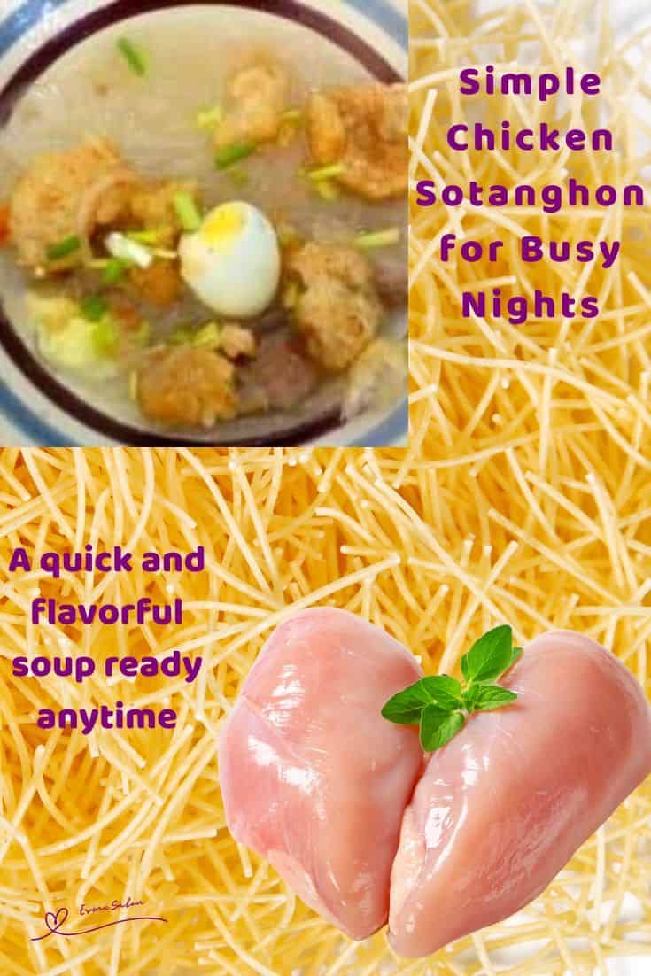 an image of a soup bowl with blue and maroon circles on the edge filled with Chicken Sotanghon Soup