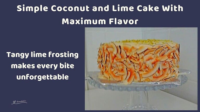 an image of a Coconut and Lime Cake on a glass pedestal cake stand