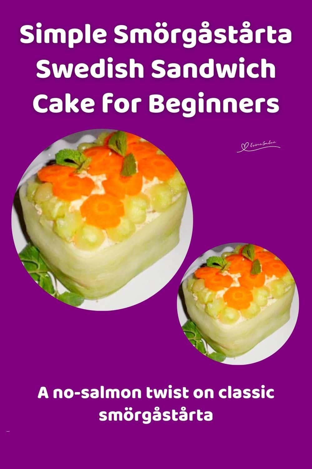 an image of a Smörgåstårta Swedish Sandwich Cake decorated with cucumber ribbons, cucumber balls, and carrot flowers