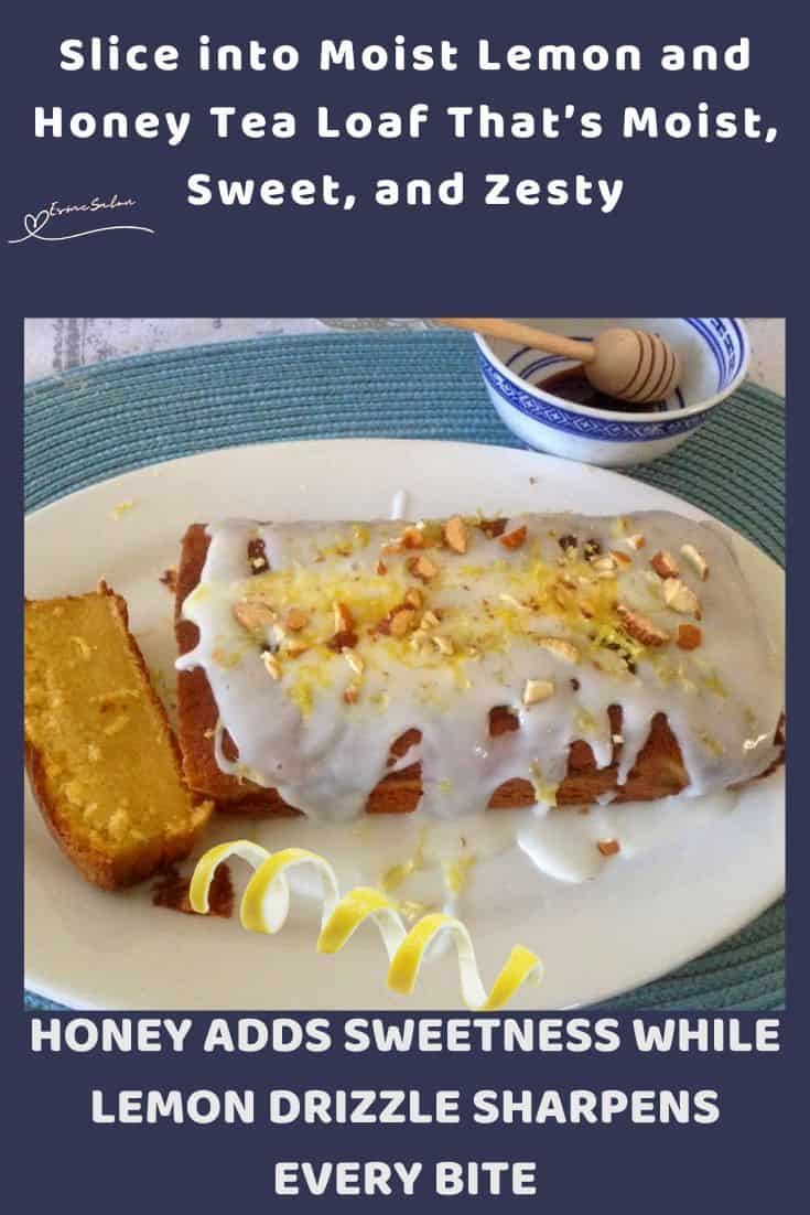 an image of a Lemon and Honey Tea Loaf with lemon drizzle and lemon rind
