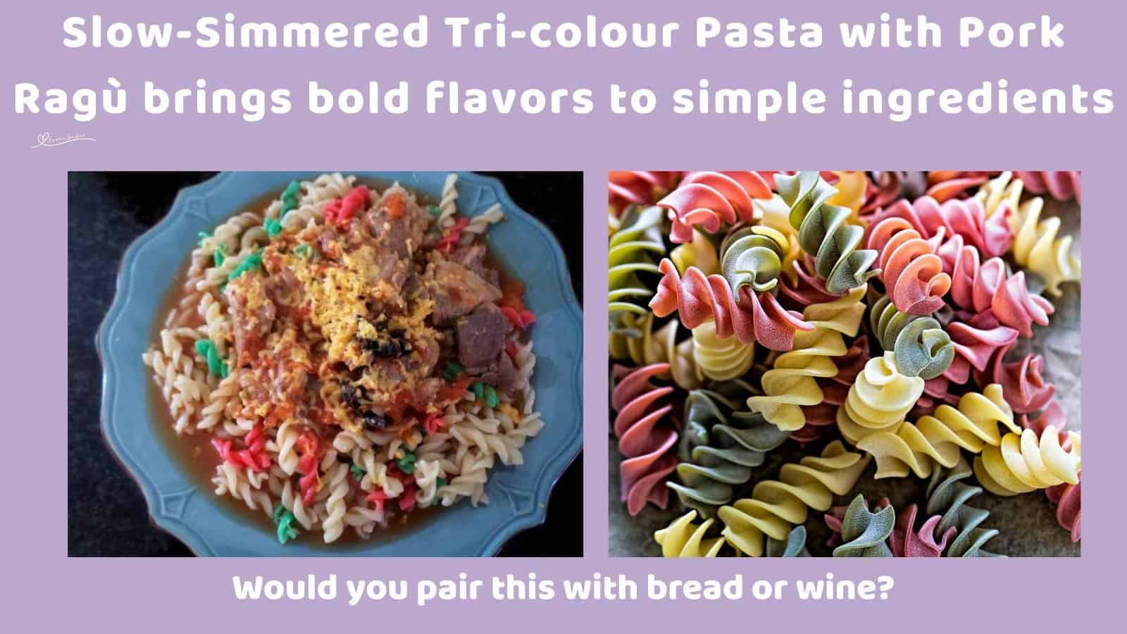 an image of a blue serving dish with Tri-colour Pasta with Pork Ragù