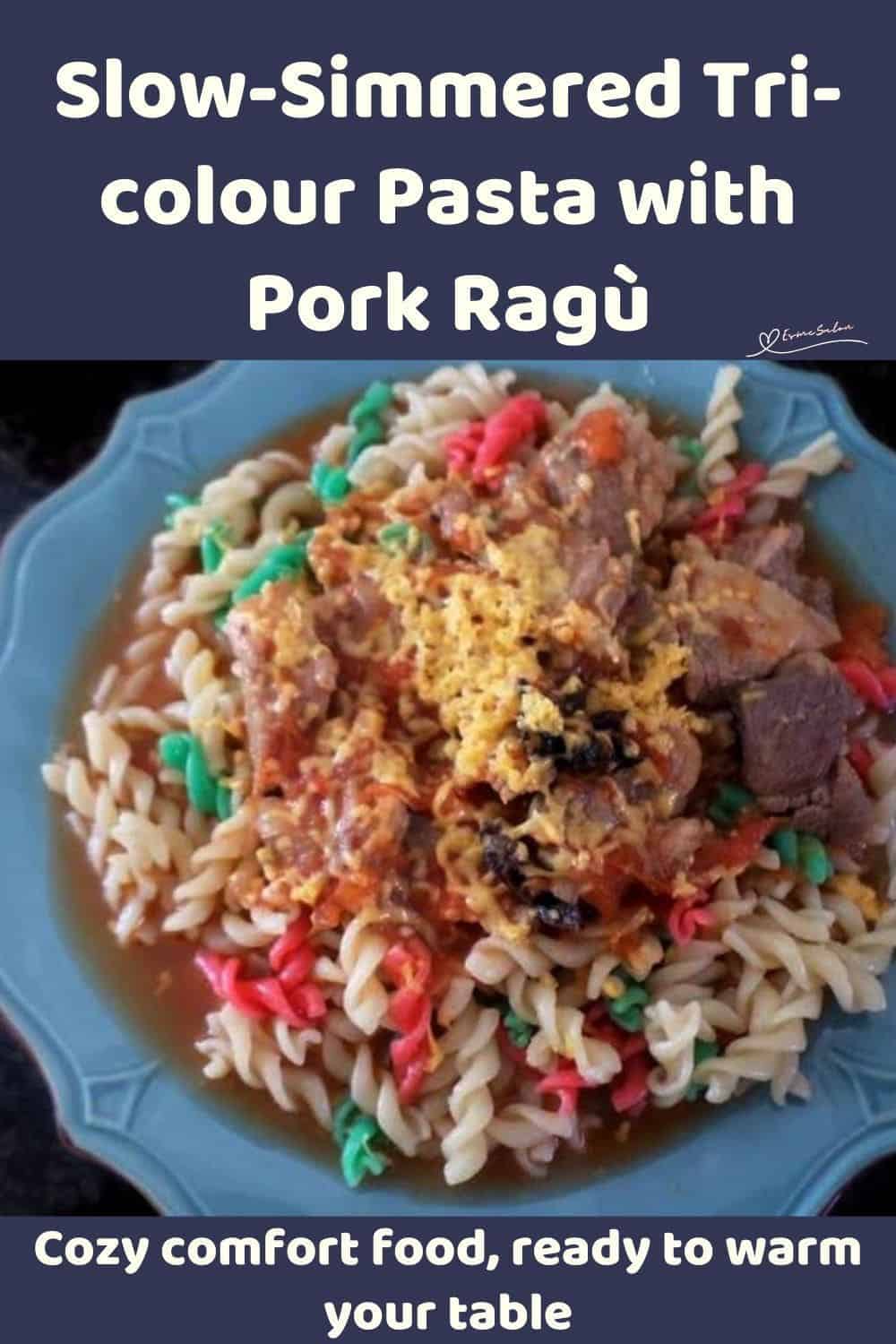 an image of a blue serving dish with Tri-colour Pasta with Pork Ragù