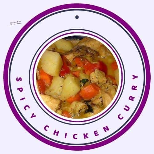 an image of a bowl filled with Spicy Chicken Curry, potatoes, carrots and peppers