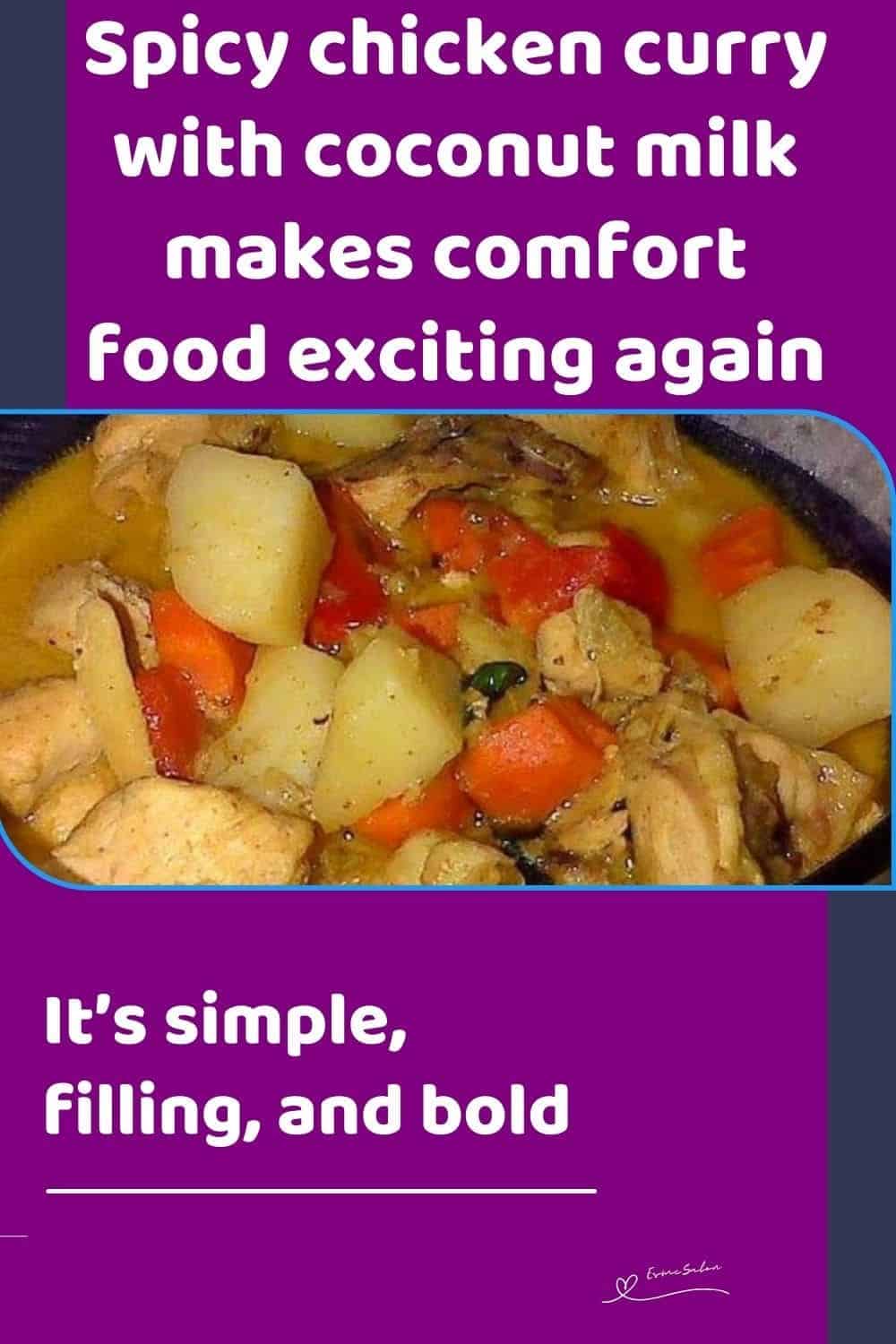 an image of a bowl filled with Spicy Chicken Curry, potatoes, carrots and peppers