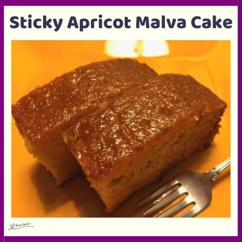 an image of 2 slices of Sticky Apricot Malva Cake