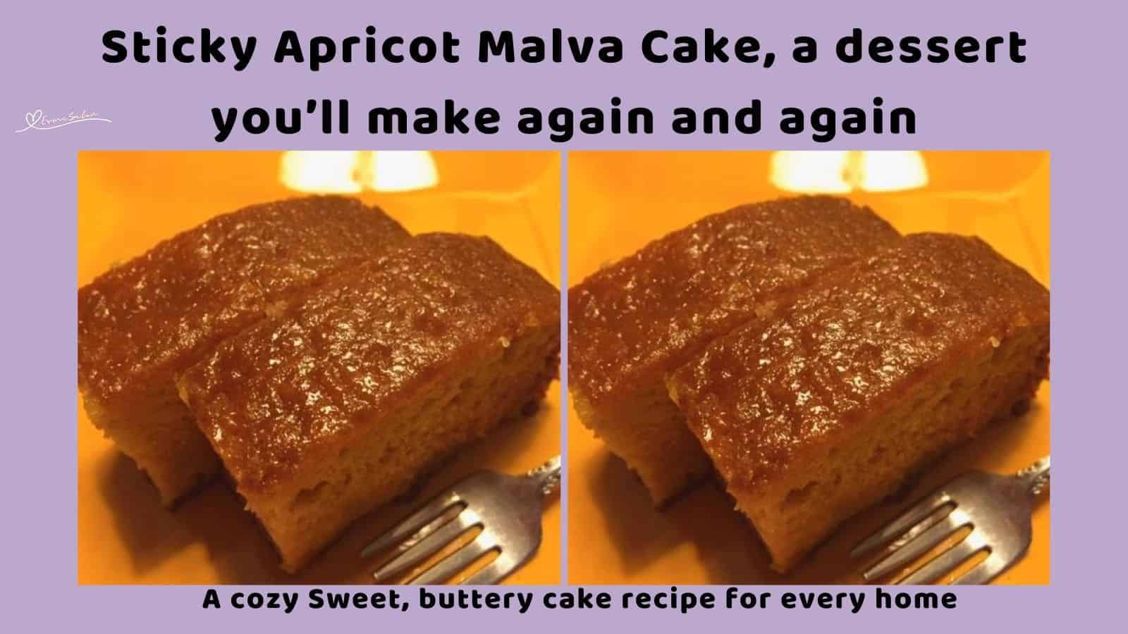 an image of 2 slices of Sticky Apricot Malva Cake