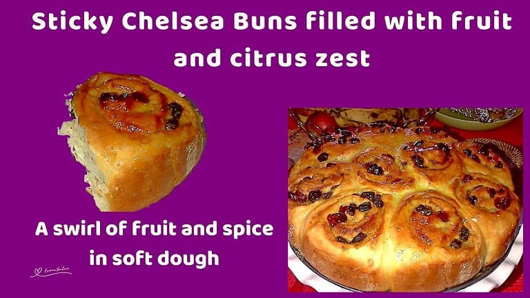 an image of Chelsea Buns baked in a round pan studded with fruit