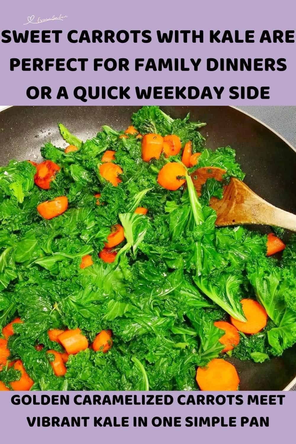 an image of Sweet Carrots with Kale in a pan with a wooden spoon on the side