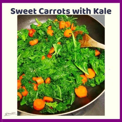 an image of Sweet Carrots with Kale in a pan with a wooden spoon on the side