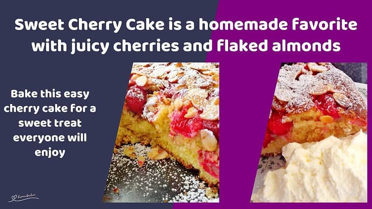 an image of a Sweet Cherry Cake dusted with powdered sugar and cream on the side