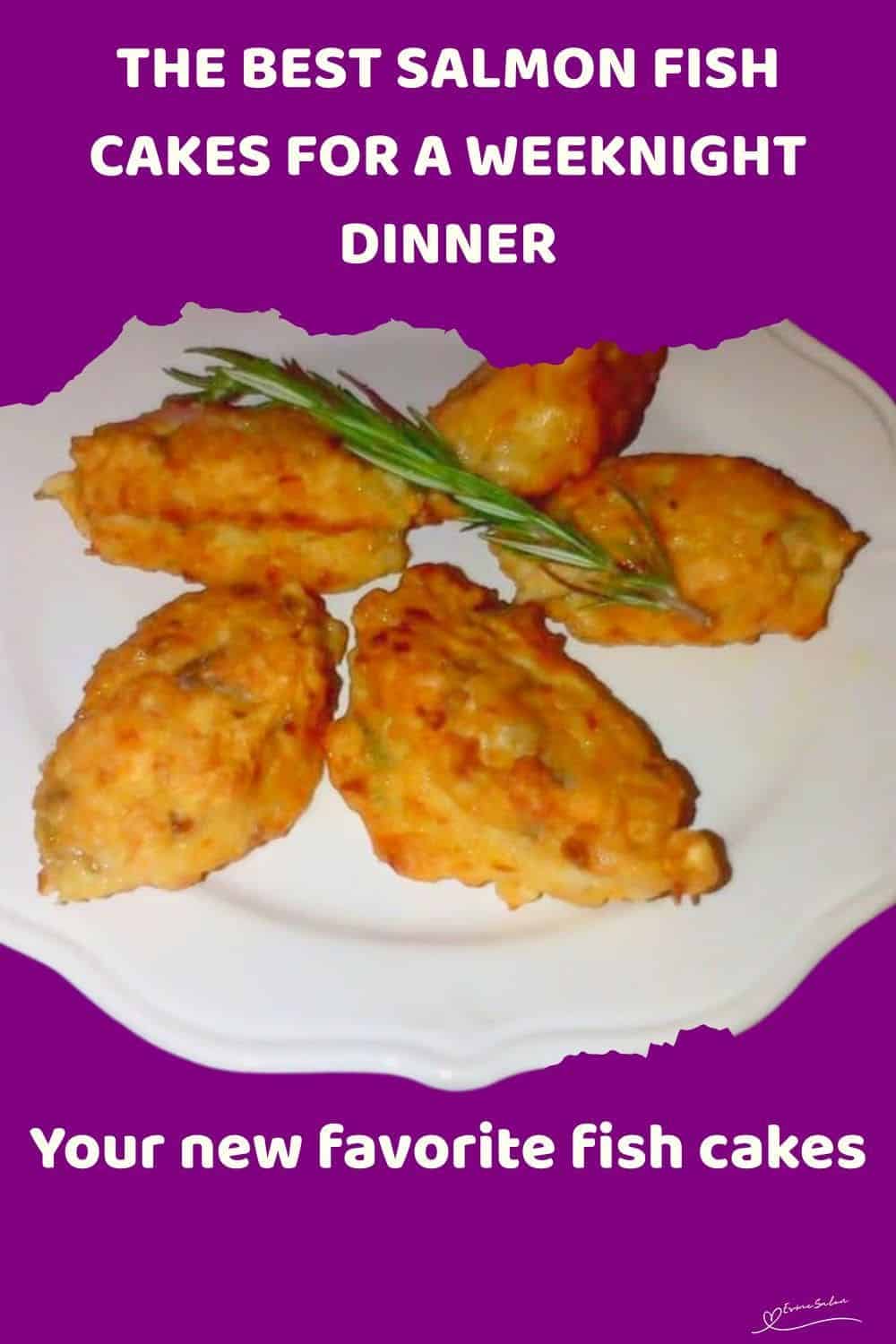 an image of 5 Salmon Fish Cakes on a white platter