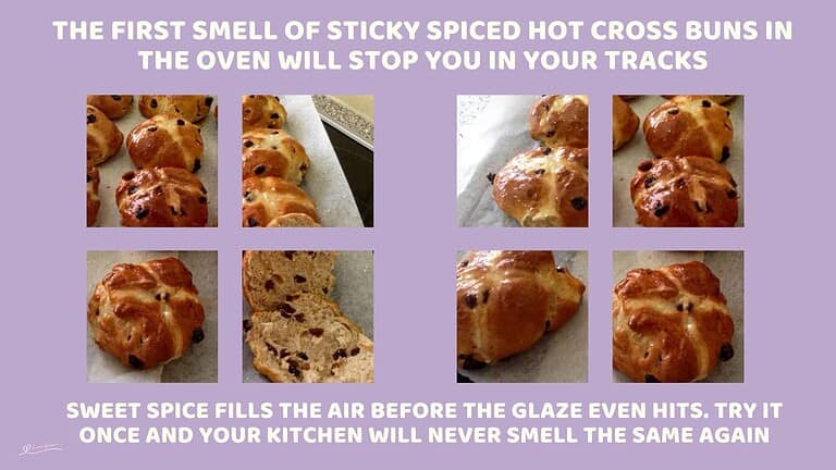 an image of a freshly baked batch of Hot Cross Buns