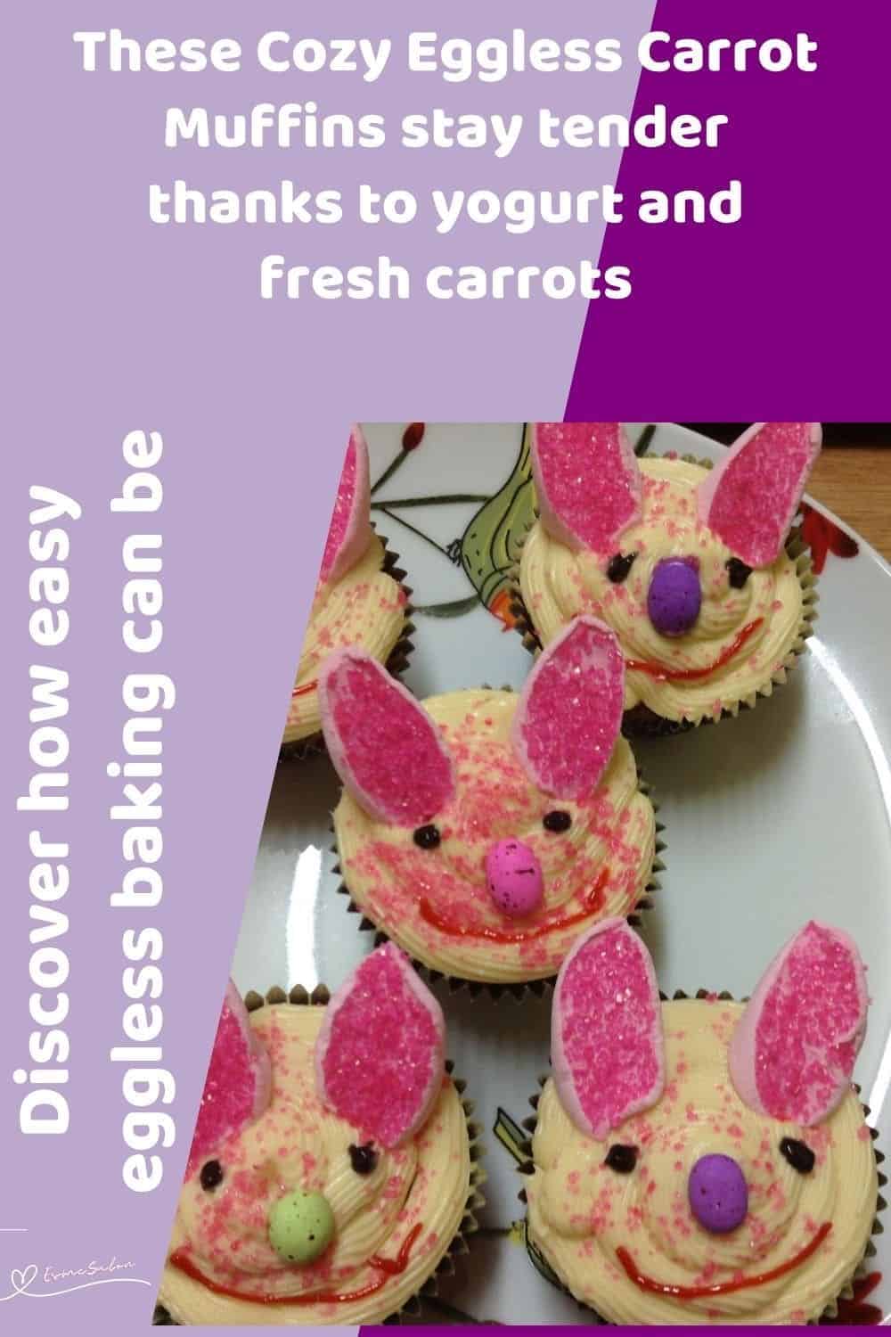 an image of Cozy Eggless Carrot Muffins decorated with bunny ears