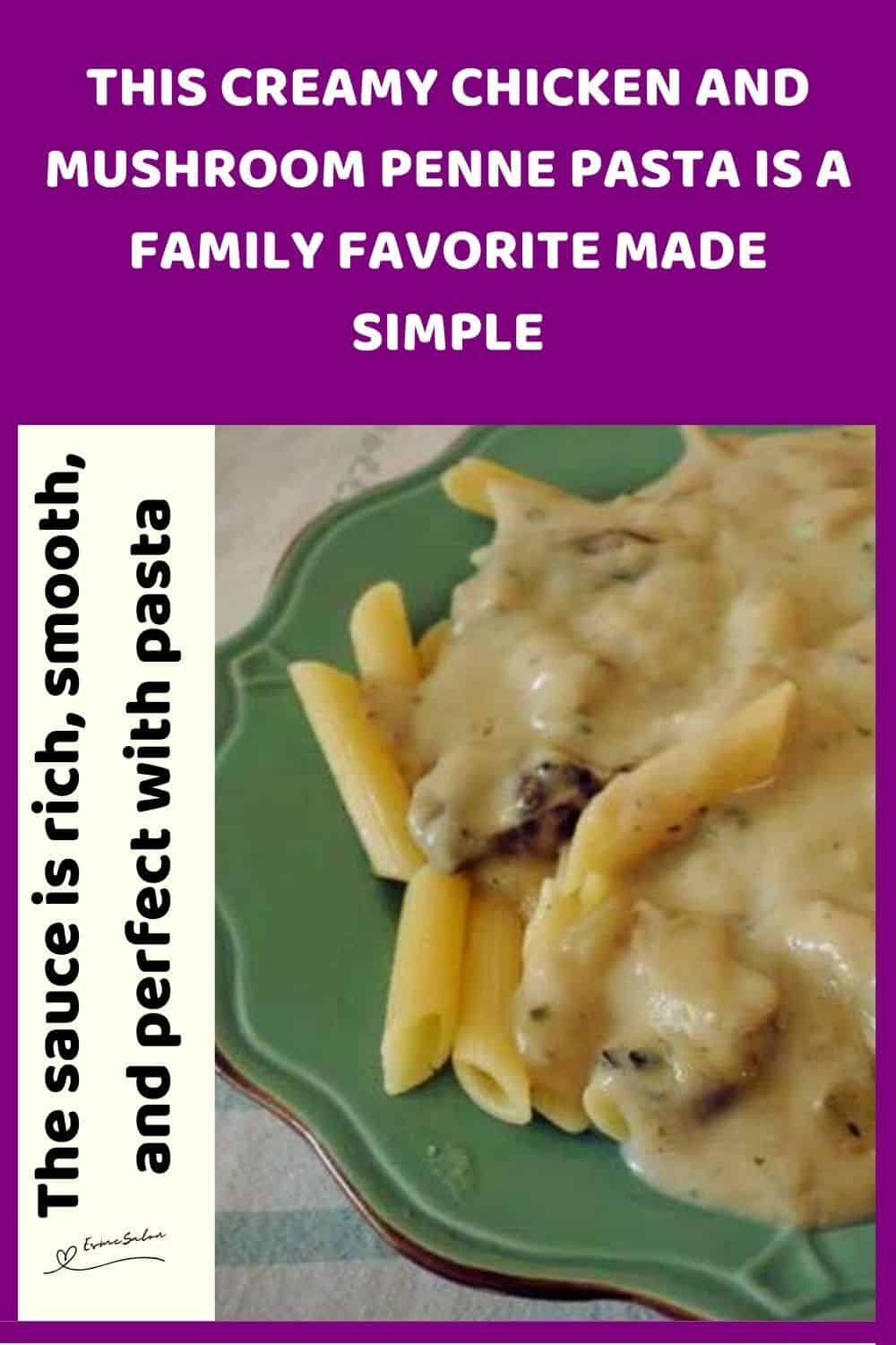 an image of Creamy Chicken and Mushroom Penne Pasta on a green plate