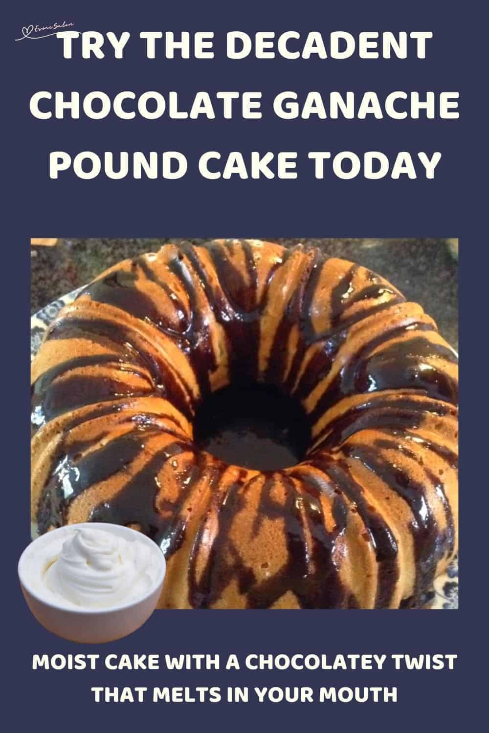 an image of a Decadent Chocolate Ganache Pound Cake baked in a Bundt pan drizzled with chocolate ganache