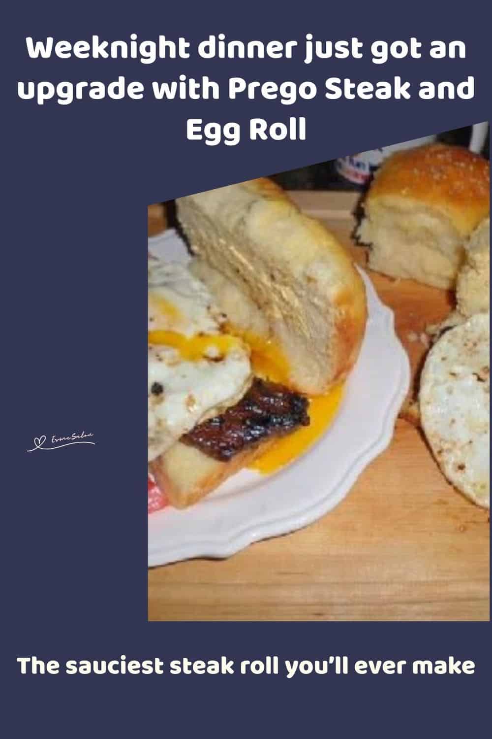 an image of Prego Steak and Egg Roll displayed on a wooden board