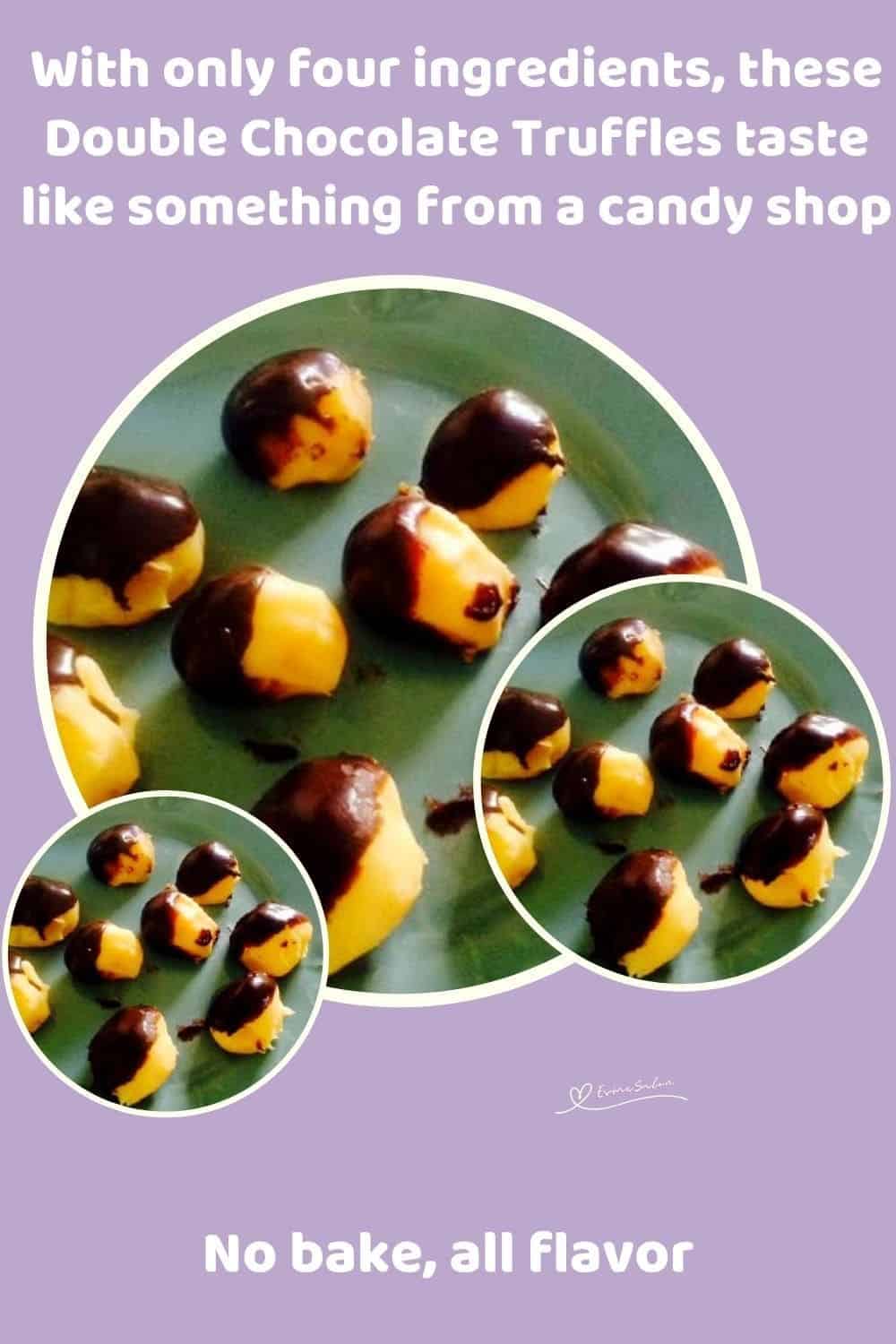 an image of Double Chocolate Truffles, white and brown on a green plate