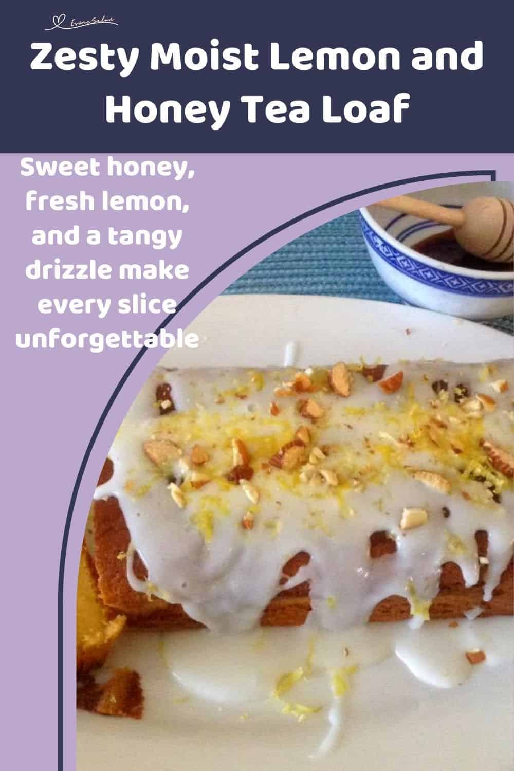 an image of a Lemon and Honey Tea Loaf with lemon drizzle and lemon rind