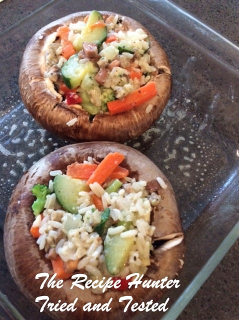 Baked Mushrooms and filled with rice, vegetables and lots of cheese and your choice of spices