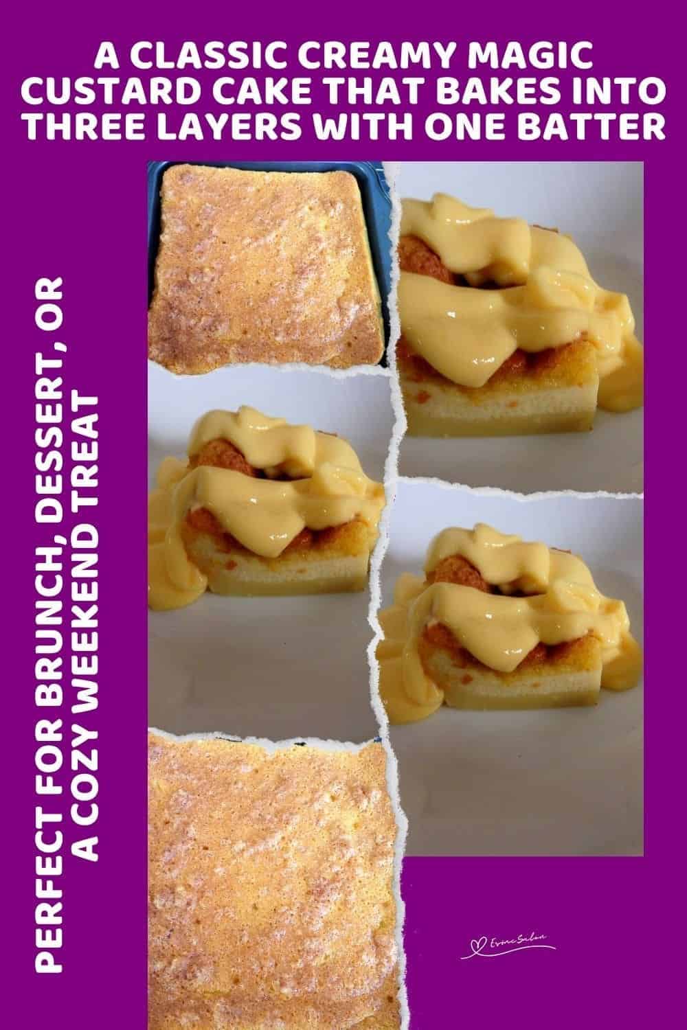 an image of a Creamy Magic Custard Cake with more custard drizzled over