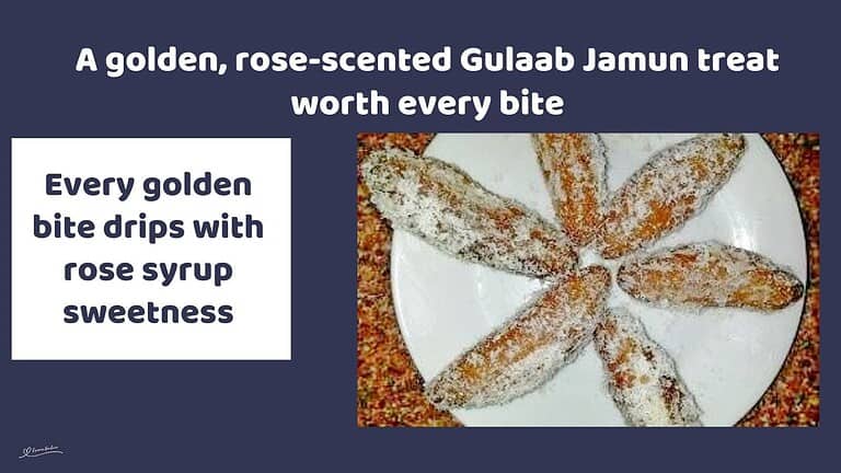 an image of 6 Gulaab Jamun covered in coconut on a white plate