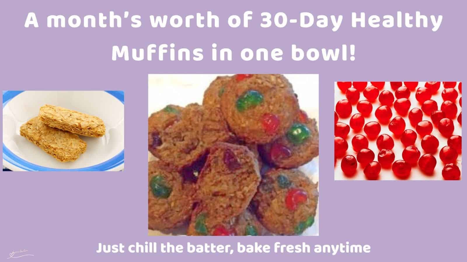 an image of 30-Day Healthy Muffins studded with green and red glazed cherries