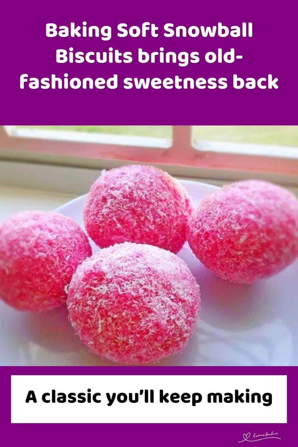 an image of Pink Soft Snowballs Biscuits covered in desiccated coconut