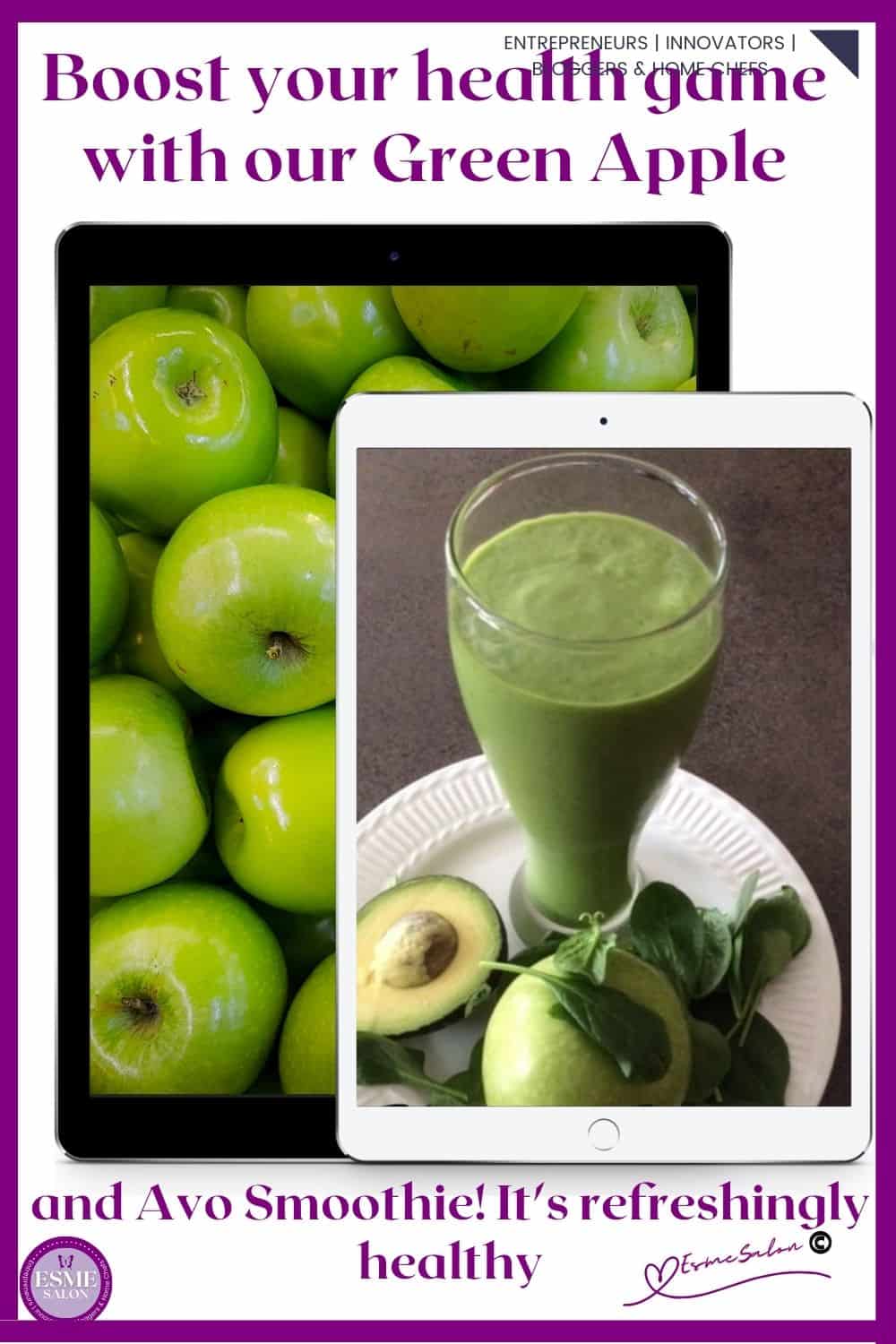 an image of a Green apple and avo smoothie in a tall glass on a white plate with half an abo and green abo and spinach leaves