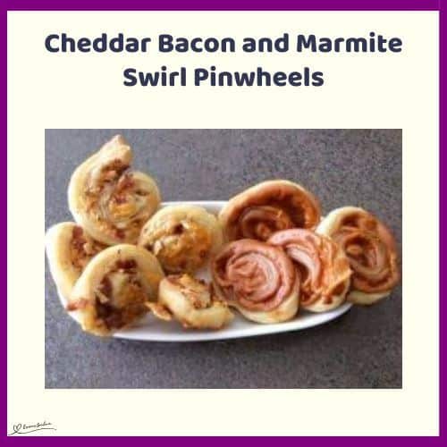 an image of Cheddar Bacon and Marmite Swirl Pinwheels on a white platter