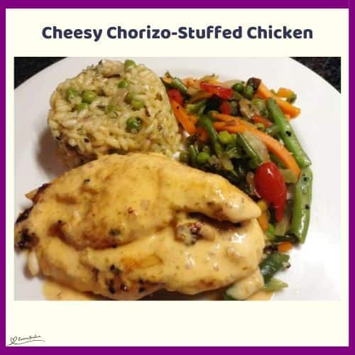 an image of a plate of Cheesy Chorizo-Stuffed Chicken with Mushroom and Pea Risotto