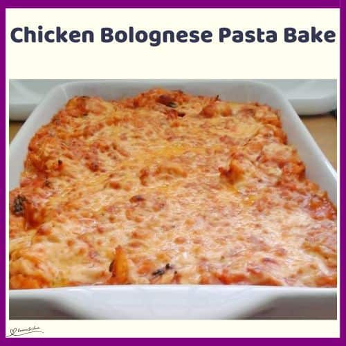 an image of a Chicken Bolognese Pasta Bake in a white dish