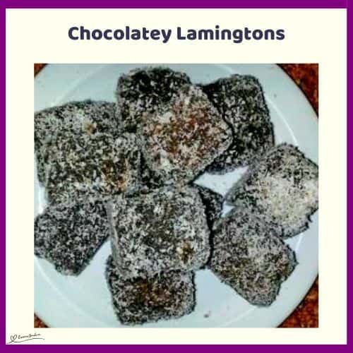 an image of 10 Chocolatey Lamingtons blocks on a white platter