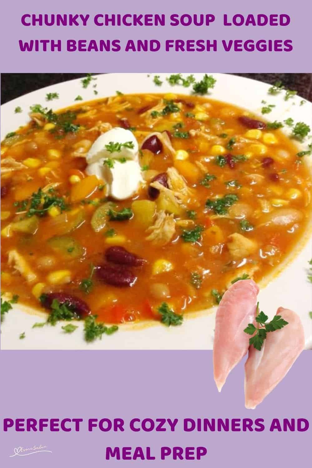 an image of a white bowl of Chunky Chicken Soup sprinkled with parsley