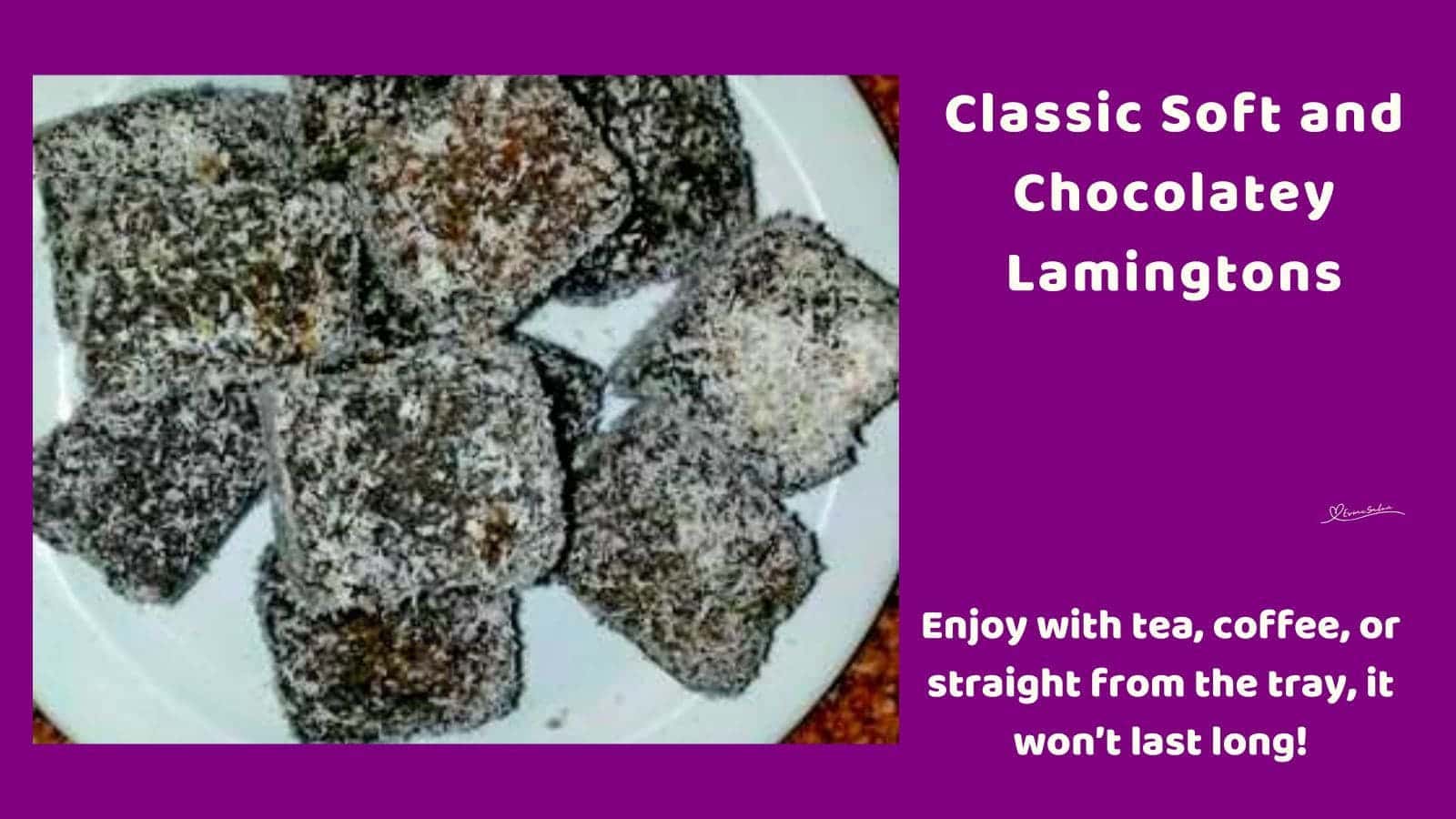 an image of 10 Chocolatey Lamingtons blocks on a white platter