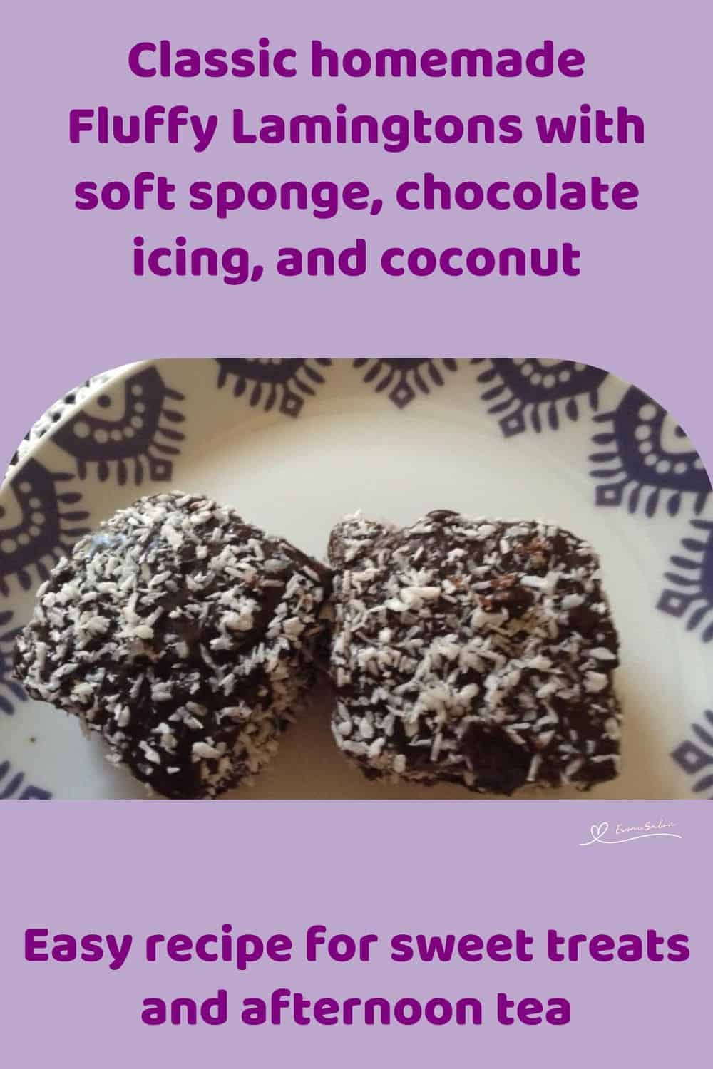 an image of 2 Fluffy Lamingtons on a white serving dish