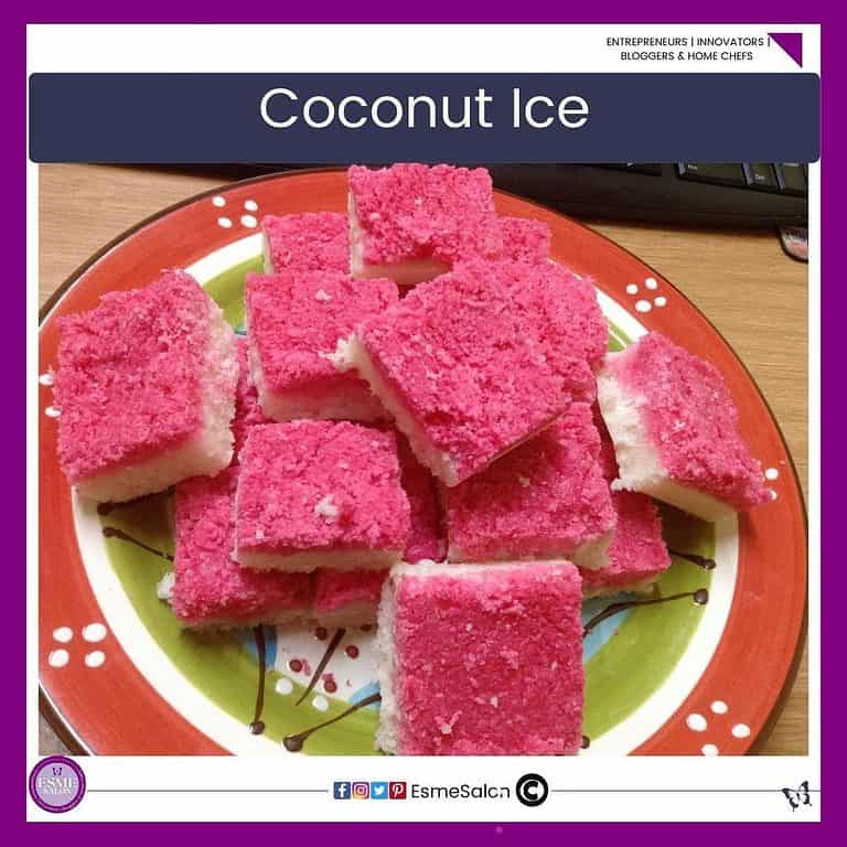 an image of a colored platter with Pink White Coconut Ice pieces stacked high