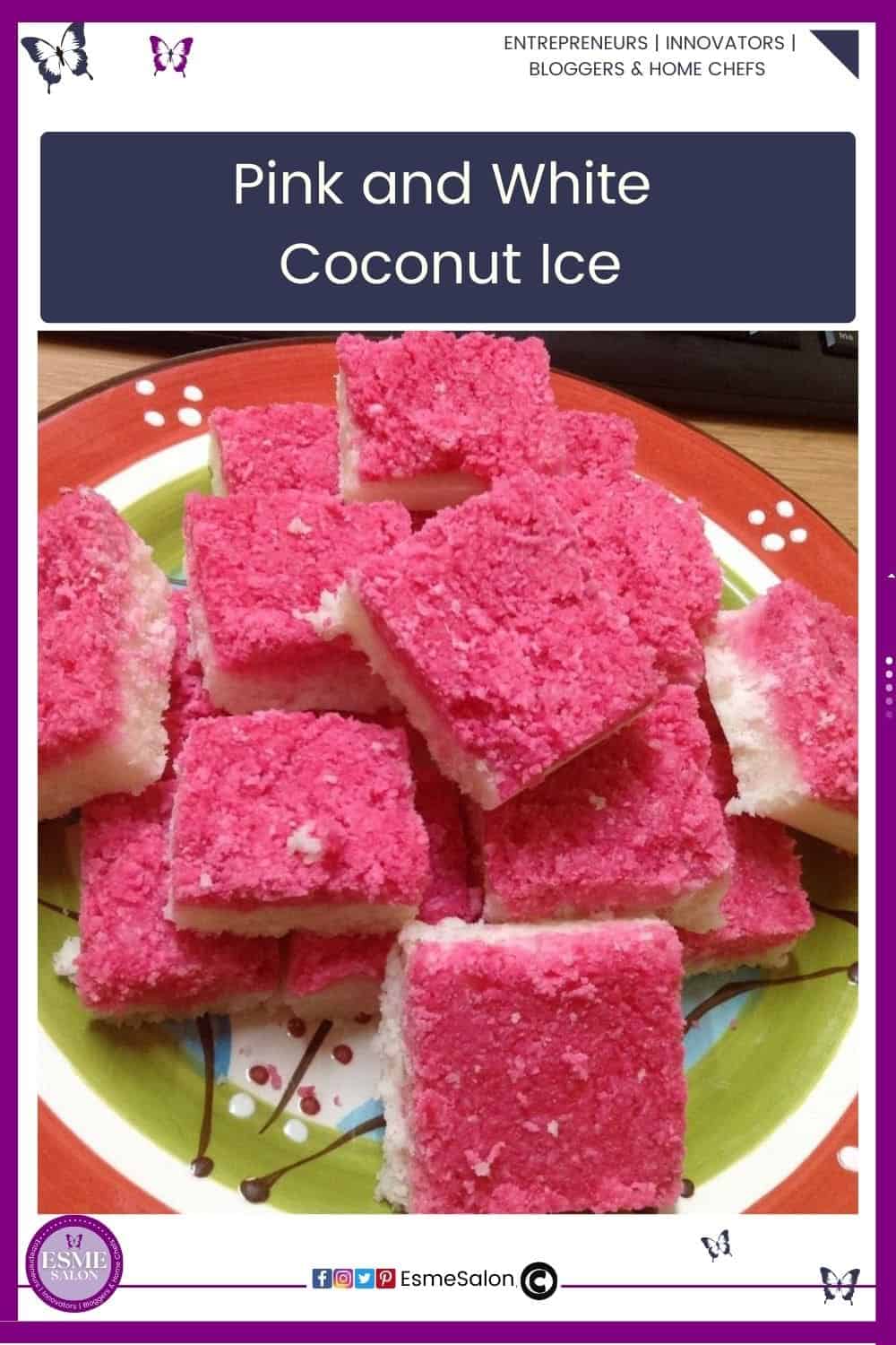 an image of a colored platter with Pink White Coconut Ice pieces stacked high